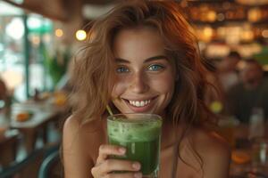 ai généré souriant femme prise une verre de vert boisson à le restaurant photo