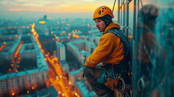 ai généré Jeune homme nettoyage une fenêtre sur une gratte-ciel photo