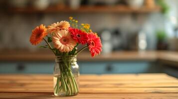 ai généré une magnifique bouquet de gerbera des stands dans une verre vase sur une en bois table photo