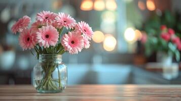 ai généré une magnifique bouquet de gerbera des stands dans une verre vase sur une en bois table photo