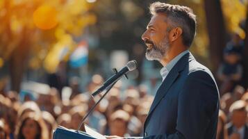 ai généré une Masculin politicien livrer une discours en plein air à une foule de politique fête membres photo