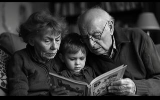 ai généré grands-parents et leur les enfants en train de lire histoires à leur petit enfant photo