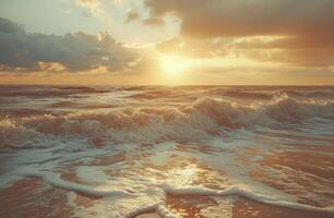 ai généré le brise coups à travers le mer à le coucher du soleil photo