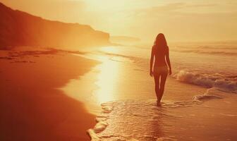 ai généré femme sur plage marcheur Contexte photo