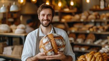 ai généré une boulanger des stands dans une boulangerie et détient une pain de fraîchement préparé chaud pain dans le sien mains. photo