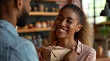 ai généré une femme présente sa copain avec une réfléchi cadeau sur Soit leur anniversaire ou la Saint-Valentin journée photo