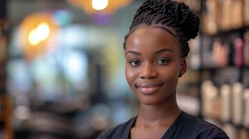 ai généré une magnifique noir femme coiffeur des stands contre une flou Contexte de une coiffure salon photo