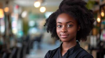 ai généré une magnifique noir femme coiffeur des stands contre une flou Contexte de une coiffure salon photo