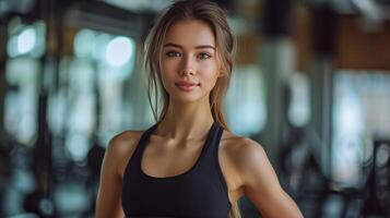 ai généré une magnifique Jeune fille dans noir leggings et une noir Haut des stands contre le toile de fond de le salle de sport. photo