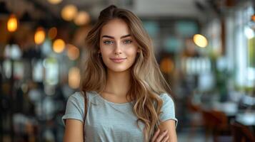 ai généré une magnifique femme coiffeur des stands contre une flou Contexte de une coiffure salon. photo