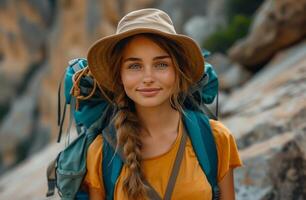 ai généré une magnifique femme avec une sac à dos et chapeau des stands dans le montagnes. photo