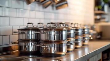 ai généré une empiler de des pots supporter soigneusement sur le cuisine étagère. photo