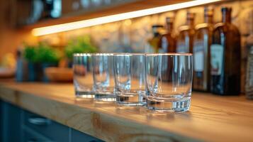 ai généré verre élégant transparent tasses supporter dans une rangée sur le cuisine étagère. photo