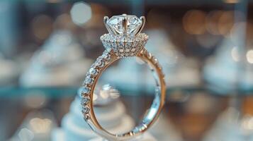 ai généré une magnifique diamant bague des stands dans une boutique la fenêtre. photo