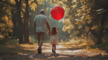 ai généré une fille des promenades avec sa papa dans le parc. elle a une rouge ballon dans sa main. photo