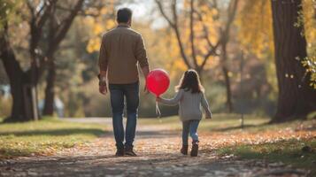 ai généré une fille des promenades avec sa papa dans le parc. elle a une rouge ballon dans sa main. photo