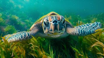 ai généré une mer tortue gracieusement glisse sous-marin. ses coquille est couvert dans Marin algues et aquatique les plantes. photo