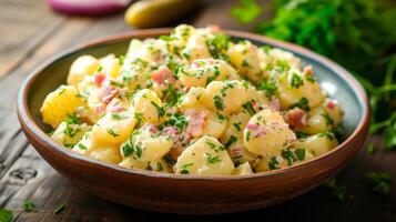 ai généré une sarriette Patate salade avec le vinaigre pansement, souvent avec Bacon ou cornichons. photo