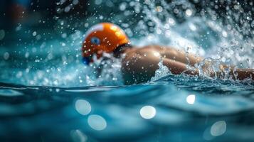 ai généré une nageur Coupe par l'eau dans une piscine, création ondulations, dans à mi-course. photo