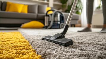 ai généré une femme aspirateurs une tapis avec duveteux lumière pile dans une moderne chalet. photo