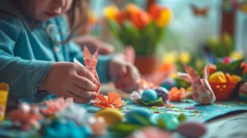 ai généré les enfants artisanat complexe papier lapins, infuser le maison avec Pâques charme. photo