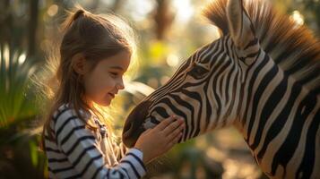 ai généré fille à le zoo caresse une zèbre. photo