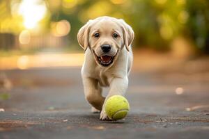 ai généré espiègle Labrador chiot ciselure une tennis balle, yeux plein de sans bornes enthousiasme. photo