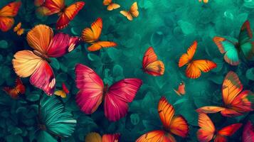 ai généré espiègle papillons dans une kaléidoscope de couleurs, flottant contre une toile de fond de émeraude vert. photo