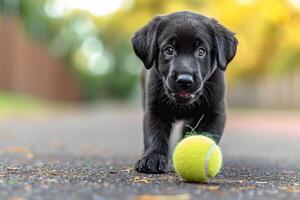 ai généré espiègle Labrador chiot ciselure une tennis balle, yeux plein de sans bornes enthousiasme. photo