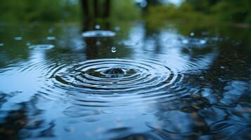 ai généré goutte de pluie ondulations dans flaques d'eau, reflétant le Azur ciel, annonciateur une rafraîchissant printemps douche. photo