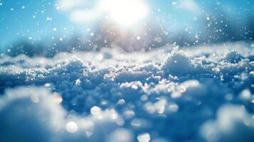 ai généré tranquille hiver environnement, avec parfait blanc flocons de neige cette scintillait dans le ensoleillement contre une doux bleu ciel. photo