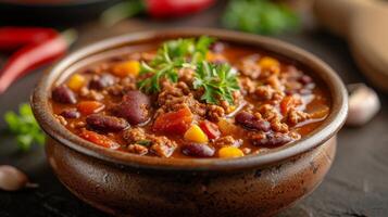 ai généré une bol de copieux le Chili, grouillant avec sol bœuf, haricots, et une épicé tomate sauce photo