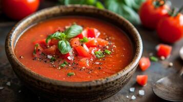 ai généré une bol de vibrant Gaspacho, une du froid Espagnol soupe, éclatement avec le les saveurs de mûr tomates. photo