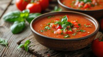 ai généré une bol de vibrant Gaspacho, une du froid Espagnol soupe, éclatement avec le les saveurs de mûr tomates. photo