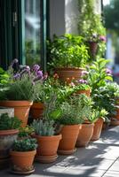 ai généré une récipient jardin sur une ensoleillé patio, mettant en valeur une variété de mis en pot les plantes et herbes. photo