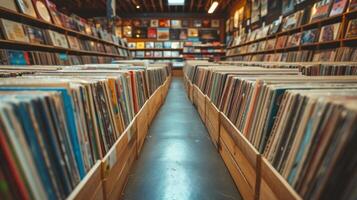 ai généré une record boutique rempli avec vinyle enregistrements, célébrer le nostalgie de analogique musique. photo