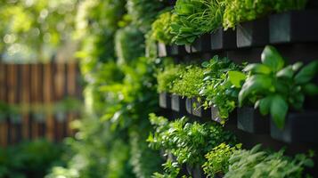 ai généré une verticale jardin mur, en utilisant les poches ou étagères à maximiser verdure dans petit les espaces. photo