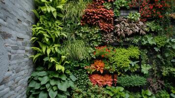 ai généré une verticale jardin mur, en utilisant les poches ou étagères à maximiser verdure dans petit les espaces. photo