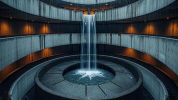 ai généré abstrait vue de un Urbain l'atrium, une en cascade cascade au milieu de acier et béton alentours. photo