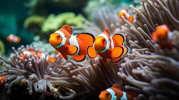 ai généré une kaléidoscope de poisson clown fléchettes parmi le balancement anémone, formant une pittoresque symbiose. photo