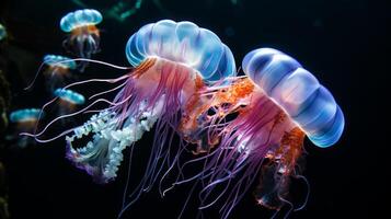 ai généré une fascinant méduse floraison, leur translucide corps embrasé éthéré dans le océans obscurité photo