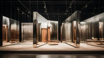 ai généré une minimaliste luxe mode exposition avec en miroir des murs et moderne, métallique accents. photo