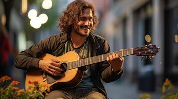 ai généré une rue musicien sérénade passants avec une mélodique régler, ajouter charme à le ville. photo