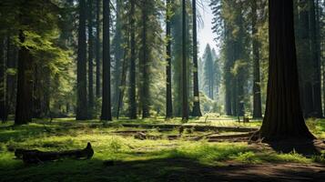 ai généré une tranquille forêt clairière étape avec imposant séquoias et pommelé lumière du soleil. photo