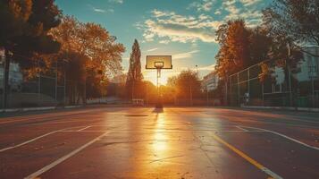ai généré une basketball tribunal à coucher de soleil, où les athlètes chasse leur rêves photo