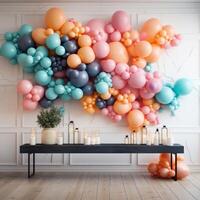 ai généré une minimaliste fête afficher avec un discret Cadre et flottant des ballons dans arc en ciel couleurs photo