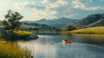 ai généré une bord du lac rassemblement avec kayak, pêche, et une scénique toile de fond de roulant collines photo