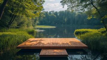 ai généré une minimaliste en bois étape harmonisant avec une serein au bord de la rivière scène photo