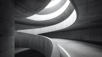 ai généré le dynamique géométrie de une spirale parking garage rampe, une unique architectural la perspective photo