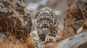 ai généré une féroce neige léopard camouflé parmi le rocheux himalayen terrain. photo